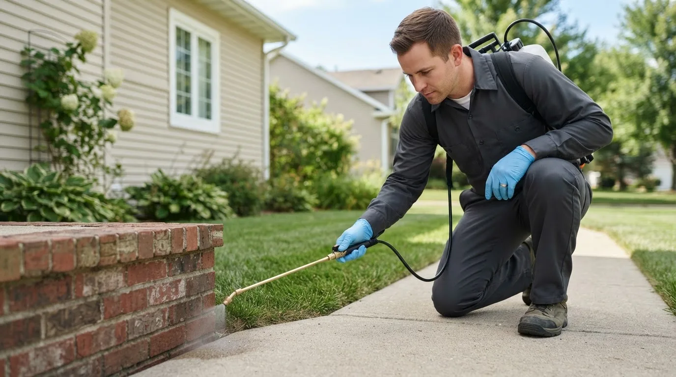 Pest control technician treating a home near New Manchester, WV